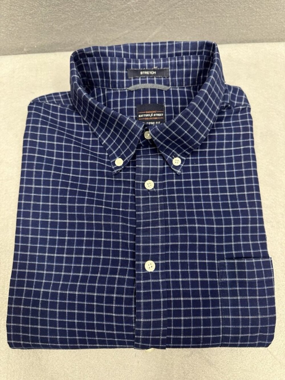 Dockers Battery Street Dress Shirt Men Size XL 17-17 1/2 34-35 Plaid Blue Oxford